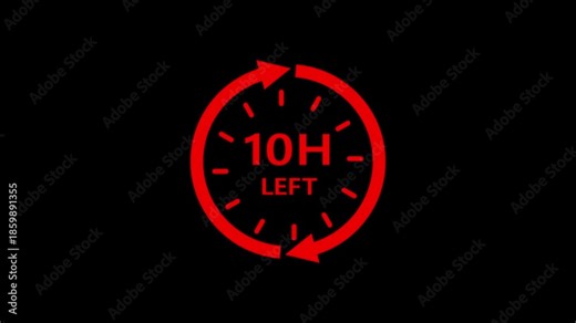 Animated of 24 hours clock with red rotating circle arrow and the numbers 10 hours left text looped animation. waiting timer concept animation. assistance, background,