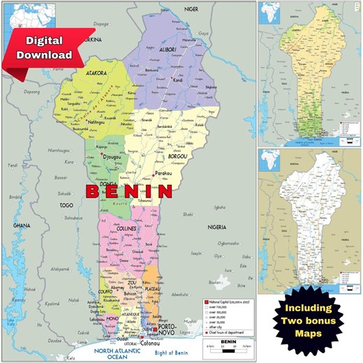 BENIN Printable Maps: Political, Physical & Road (Digital Download)