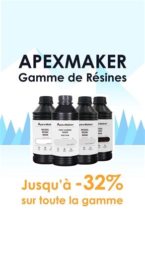 Soldes d’hiver sur les résines ApexMaker ❄️ Résines standard Grey, Black et White, et Fast Curing Gray pour imprimer plus vite. 👉 Jusqu’à -32 % sur les résines à l’unité 👉 Des packs pour ceux qui impriment régulièrement Figurines, prototypes, petites séries : choisis la résine adaptée à ton usage. Toutes les offres sont à retrouver sur Atome3D.com #Atome3D #Impression3D #Resine3D #ApexMaker #soldesdhiver | Atome3D.com