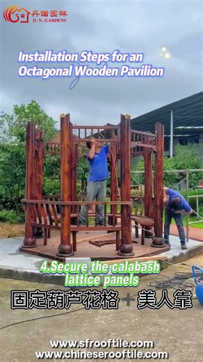 Installation process of a simple wooden pavilion in traditional Chinese style