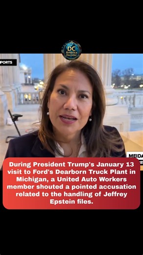 DC America Decoder🇺🇸 on Instagram: "During President Trump's January 13 visit to Ford's Dearborn Truck Plant in Michigan, a United Auto Workers member shouted a pointed accusation related to the handling of Jeffrey Epstein files. The president responded with an obscene gesture visible on video 📹. The worker, TJ Sabula, was suspended by Ford pending review, citing workplace respect policies. The UAW has pledged to support him and protect his rights under union agreements 🤝. Community fundrais