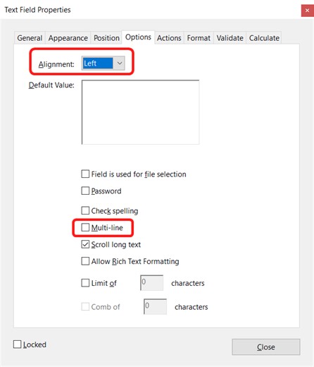 Text alignment within an acrobat text form field