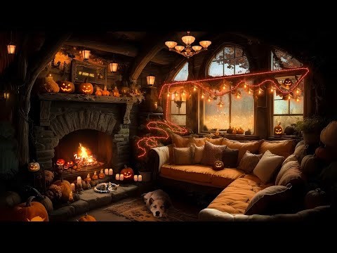 Autumn Living Room Halloween Ambience with Crackling Fireplace Sound, Rain on Window and White Noise