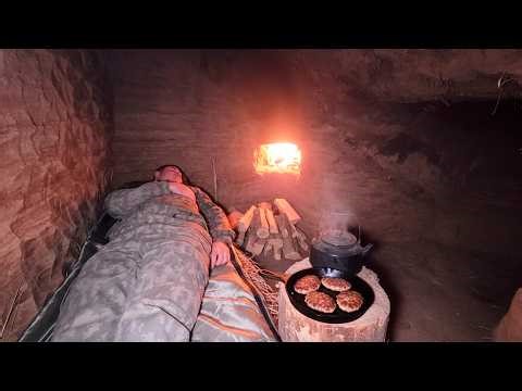 Building of a secret cave. Bushcraft survival. Forest cooking