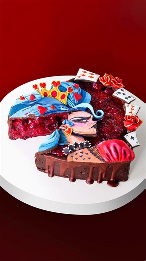 A bold and flavorful Queen of Hearts tart, filled with layers of rich @valrhonausa dark chocolate ganache, a sprinkling of slightly bitter toasted cocoa nibs, aged sea salt from @josusalts and decadently luscious cherry filling. You can find a full tutorial for this dessert design (along with FREE printable templates) on my YT channel 📺. Just search “Inspired to Taste” or tap the 🔗 in my IG bio. #pasrtyart #pastrylove #pie #pieart #edibleart #bakersgonnabake #dessertsofinstagram #customdessert