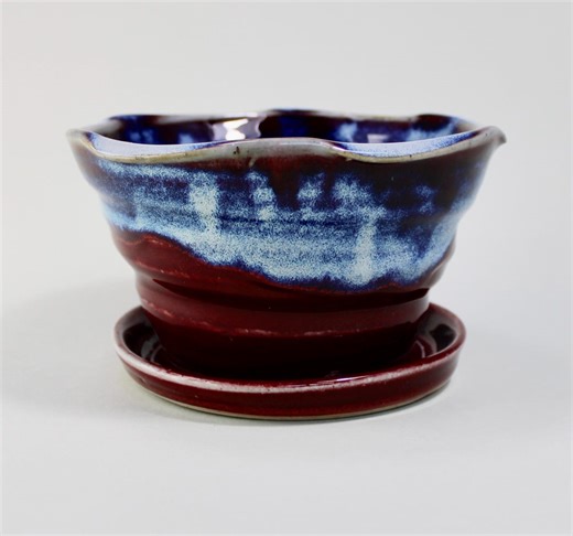 Handmade Stoneware Planter With Attached Drainage Plate: Copper Red and Blue - Etsy