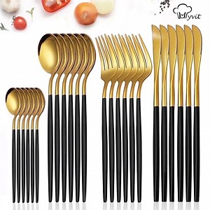 MYVIT Black Gold Silverware Set 24 Piece Forks and Spoons Dinner Knives Flatware Set Mirror Polished Gold Utensils Cutlery Set Service for 6,Dishwasher Safe Gold Kitchen Accessories