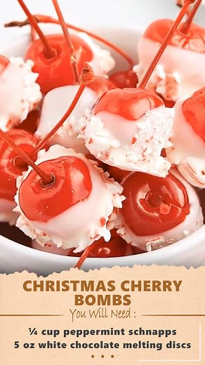 11K views · 42 reactions | Christmas Cherry Bombs Ingredients 1 (10 oz) jar maraschino cherries with stems ¼ cup peppermint schnapps 5 oz white chocolate melting discs ¼ cup finely crushed peppermint candies (10–12 candies) #ChristmasTreats #HolidayDesserts #CherryBombs | Very Good Recipes | Facebook