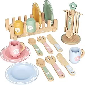 20 PCS Kitchen Playset with Wooden Toy Plates and Dishes, Montessori Kitchen Toys for Girls and Boys, Wooden Play Kitchen Accessories for Kids Toddlers Aged 3 and up