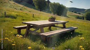 Beside the beach, benches offer a scenic vista of hills with extensive green fields, where colorful butterflies flitter among the blossoming flowers.