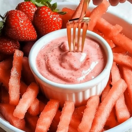 Healthy Watermelon Fries Ingredients: 1. 1 Half of a Large Watermelon Fruit Dip Ingredients: 2. ½ cup Vanilla Yogurt 3. 1 cup Strawberries, stems and leaves removed 4. 1 tablespoon Honey Directions: 1. Cut the watermelon in half, then slice into round discs about 1/2 inch thick. 2. Cut across the middle of each disc to get two semi-circle shaped halves. 3. Use a crinkle cutter to cut out your watermelon fries, working from one side of each watermelon half to the other side. 4. Remove any excess 