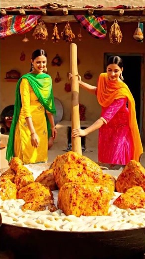 🌯✨ Tiny Ladies Making a Giant Village-Style chicken white sauce pasta#shorts #food 🏡