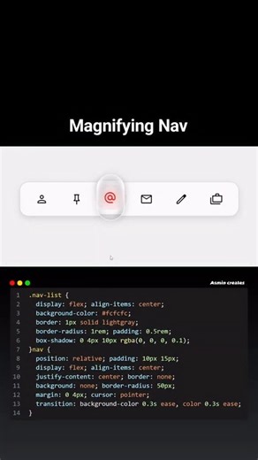 asmin_creates on Instagram: "Magnifying Navigation Bar 💬 Comment “NAV” to get the source code ⚠️ Only followers will receive the code 🧠 Built with HTML & CSS ‼️ FOLLOW TO GET THE CODE ‼️ Tag your frontend friends 🧑‍💻 📌 Save for later #magnifyingnav #navbarui #cssanimation #html #css frontenddeveloper webdesign uianimation codingreels webdeveloper reelsinstagram viralreels learncoding"