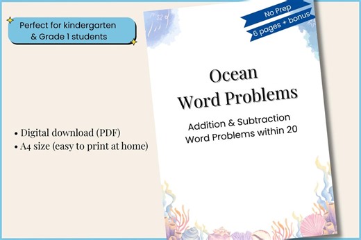 Ocean Word Problems Worksheets | Kindergarten, Grade 1 Math (digital Download) - Etsy