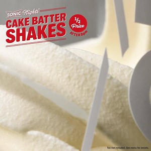 We’re serving up NEW Cake Batter Shakes, the answer for both your dessert wants and needs. 🍰🥤½ Price after 8pm. ✨ See menu for Classic and Master Shake pricing. Tax not included. SONIC Nights℠ includes Shakes and Ice Cream Cookie Sandwiches only. Add-Ins cost extra. Excludes Combos, Wacky Pack® Kids Meals, Order Ahead, delivery and any other offers. OREO and the OREO Wafer Design are trademarks of Mondelez International group, used under license. Limited time only at participating SONIC® Drive