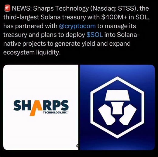 🚨NEWS: Sharps Technology (Nasdaq: STSS), the third-largest Solana treasury with $400M in SOL, has partnered with @cryptocom to manage its treasury and plans to deploy $SOL into Solana-native projects to generate yield and expand ecosystem liquidity. | Elio J. Tapia
