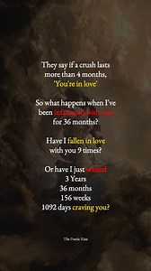 They say if a crush lasts more than 4 months, 'You're in love' So what happens when I've been infatuated with you for 36 months? Have I fallen in love with you 9 times? Or have I just wasted 3 Years 36 months 156 weeks 1092 days craving you? — Anonymous (please mention in comments) . . . . Follow for more: @the_poetic_rizz . . . . Tags:- Poetic rizz #real #relatable #poeticrizz #fy #poetry #love #poetrycommunity #atticus #quotes #writersofinstagram #poem #poet #writer #instagram #poetsofinstagra