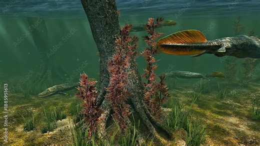 Tiktaalik in water showing aquatic adaptation with fins and body features linking fish and early tetrapods.