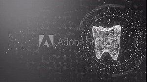 Abstract animation of holographic 3D image tooth on black background with pixels and particles. Medical dental looped motion graphics. Copy space.