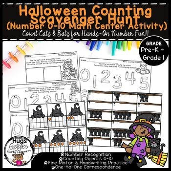 Halloween Counting Scavenger Hunt | Numbers 0–10 Math Center with Cats & Bats