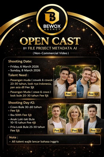 🎬 OPEN CAST BY FILE PROJECT : METADATA AI (Non-Commercial Video) 📅 Shooting Date : • Friday, 6 March 2026 • Sunday, 8 March 2026 🎭 TALENT NEEDED 🔹 Shooting Day #1 Pasangan Muda (Cewek & Cowok) Usia 23–30 tahun Look Indonesia / Pan Asia 💰 Fee 3 JT Pasangan Muda (Cewek & Cowok) Look Bule Usia 20–30 tahun 💰 Fee 5 JT 🔹 Shooting Day #2 Cowok Bule 30–40 tahun 💰 Fee 5 JT Ibu usia 50 tahun 💰 Fee 5 JT Anak Laki-laki Bule 10–15 tahun 💰 Fee 4 JT Pria Look Bule 25–30 tahun 💰 Fee 5 JT 📌 NOTE : ✔ 