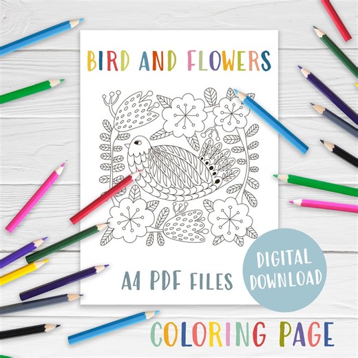 Folk Art Bird and Flowers Coloring Page, Adult Printable (A4 PDF Download) - Etsy