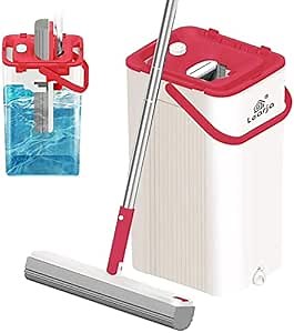 PVA Sponge Mop, Single Bucket Self Wringer and Cleaning with 2 Heads, Super Absorbent Mop Extendable Handle, Squeeze Compact Floor Mop Pail, Easy Storage (Red Bucket +1 Gray and 1 Yellow Mop