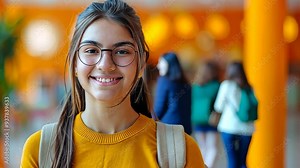 Young student woman wearing backpack holding book over isolated orange background, learning and educational back to school concept