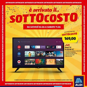 Un’offerta così non si era mai vista prima. Con il SOTTOCOSTO ALDI puoi avere nel tuo salotto la JVC Smart TV D-LED ad un prezzo speciale. Vieni in punto vendita e accendi l’offerta! | ALDI Italia