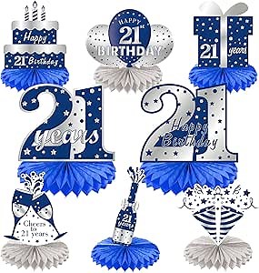 8Pcs 21st birthday Honeycomb Centerpieces Decorations for Boys， Blue Silver Happy 21 Birthday Table Centerpiece Party Supplies, Birthday,Twenty First Year Old Table Topper Decor
