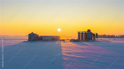 Farm buildings with grain silos on snowy field during golden hour winter morning in aerial hyperlapse