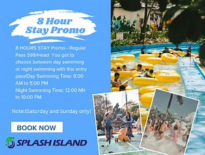 We are Open FRIDAY, SATURDAY and SUNDAY this month of FEBRUARY! 8 HOURS STAY Promo - Regular Pass 599/Head You get to choose between day swimming or night swimming with this entry pass!Day Swimming Time: 8:00 AM to 5:00 PM Night Swimming Time: 12:00 NN to 10:00 PM. Note:599/head on all holidays (kids 3ft below are free) For corporate rates and group discounts for 50 pax or more pls call 09189129177 09399881383 Facebook: SPLASH ISLAND Instagram: splashisland_ph Titok: @splashislandph | SPLASH ISL