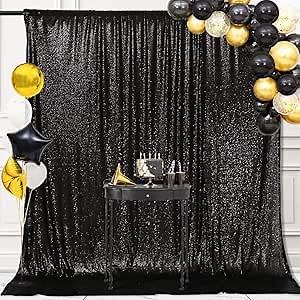 PartyDelight Black Sparkly Sequin Backdrop Curtains 6X8ft for Wedding Party Room Decorations