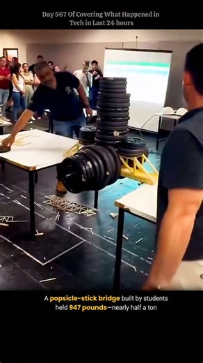 Tech in A Day on Instagram: "🤯 947 lbs on a popsicle bridge! Students turned sticks into steel! ⚙️ Real‑world truss theory in action. Load spreads, tension meets compression. Precision joints = unstoppable strength. Who says small can’t hold huge? Engineering magic in a bite‑size model. #innovation #ai #explorepage"