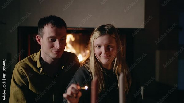 A young couple relaxing by a glowing fireplace as the woman lights candles on the table, setting the mood for a romantic dinner at home.
