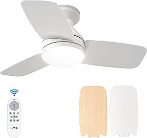 Amico Ceiling Fans with Lights, 30 inch Low Profile Ceiling fan with Light and Remote Control, Flush Mount, Reversible, 3CCT, Dimmable, Noiseless, White Ceiling Fan for Bedroom, Indoor/Outdoor Use