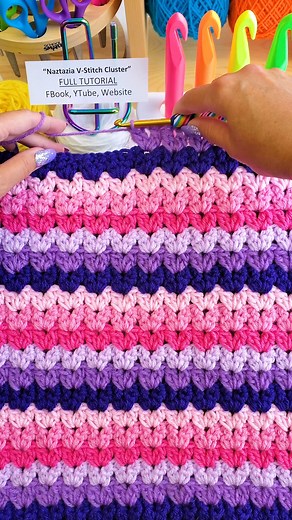 The v-stitch cluster stitch pattern is a great way to use up your extra yarn for a blanket, scarf, hat, and more. It's a simple one-row pattern so it's very easy to remember. #reels #crochet #knitting #embroidery #makersgonnamake #howto #tutorial #yarn #diy #blanket #artoftheday #naztazia | Naztazia