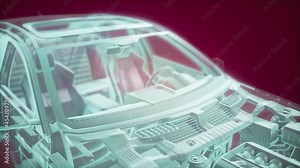 Holographic animation of 3D wireframe car model with engine