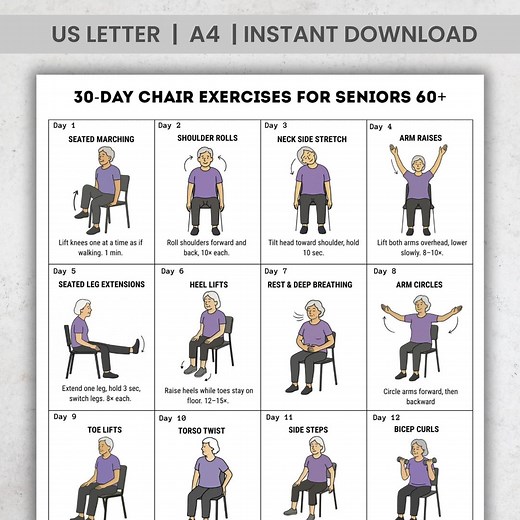 30 Day Chair Exercises for Seniors 60  | Balance & Mobility Workout Plan | Elderly Printable Exercise Chart PDF - Etsy