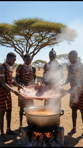 Giant Pot Open-Fire Stew | Traditional Tribal Feast in the Savanna🥘#tribalcooking#tribalfood#shorts