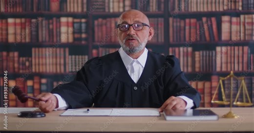 Judge holding gavel and talking verdict in courtroom with law library books. Senior man in judge robe sitting at wooden desk with justice scales to lead proceeding, court hearing of criminal case