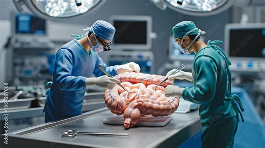 Two highly skilled surgeons meticulously perform a complex simulated intestinal surgery on a realistic anatomical model in a sterile operating room demonstrating advanced medical training and precisi.
