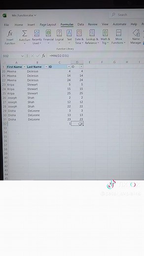 Minimum function in Excel 1) Select a cell. 2) Formulas > drop down of autosum function > Min or Type =min( 3) Select the cells you want to calculate minimum from or Type the cell range (e.g., A1:A5). 4) Close the parenthesis and press Enter. #Excel #MicrosoftExcel #Microsoft #patel_explains #Minimum #MinimumFunction #MinimumInExcel #MinimumExcel #MinimumFunctionInExcel #Min #MinFunction #MinInExcel #MinExcel #MinFunctionInExcel