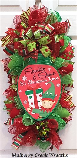 Elf Christmas Swag Wreath, Whimsical Red and Green Door Decor - Etsy