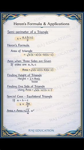 RAJESH KUMAR on Instagram: "📐 Heron’s Formula & Applications | Class 10 Maths In this post, we explain Heron’s Formula in a simple and exam-oriented way. This concept is very important for Class 10 Board Exams and previous year questions (PYQs). ✨ Topics Covered: ✔ Semi-perimeter of a triangle ✔ Heron’s Formula for area ✔ Area when three sides are given ✔ Finding height of a triangle ✔ Finding one side using area ✔ Special case – Equilateral triangle 📘 Perfect for quick revision, concept clari
