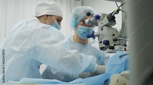 Surgery team making strabismus surgery using modern technologies, latest devices, microscope in modern clinic