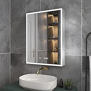 ExBrite Lighted Medicine Cabinet 24 x 32 Inch,Recessed or Surface led Medicine Cabinet, Clock&Room Temp Display,Defog,Dimming,Medicine Cabinet with Lights 3-Color Temper Chang,Hinge on The Left