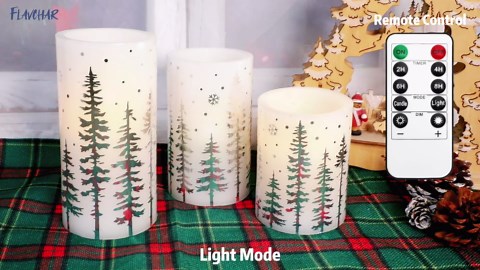 Christmas Flameless Candles, Battery Operated, Hot Stamping Silver Xmas Tree LED Flickering Candles with Remote and Timer, Holiday Decorative Pillar for Xmas, Party, Bedroom