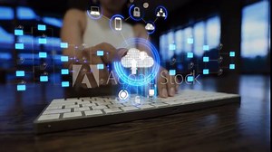 Businesswoman using computer, futuristic holographic interface on cloud, document folder and data scanning digital document storage software, cloud computing database and document management paperless