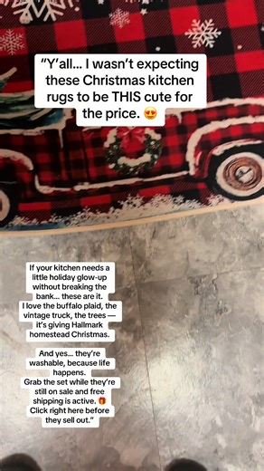 Add cozy holiday charm to your kitchen with this Christmas Kitchen Rug Set. Featuring buffalo plaid, a vintage red truck, and “Merry Christmas” details, these non-slip, washable mats bring festive farmhouse style to any space. Soft, durable, and easy to clean — the perfect affordable upgrade for your holiday home décor. 🎄✨ #ChristmasHome #FarmhouseChristmas #TikTokMadeMeBuyIt #HolidayKitchen #tiktokshop